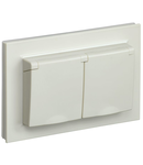 Aparataj BRITE Dubla  priza cu  impamantare cu obturatoare,  si cover 16A with frame IP44 PCsh12-3-44-BrKr Bej