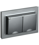 Aparataj BRITE Dubla  priza cu  impamantare cu obturatoare,  si cover 16A with frame IP44 PCsh12-3-44-BrS otel