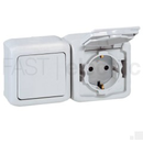 Intrerupator bipolar + Priza Schuko 2P+T, 16 A - 250 VA cu protectie pentru copii, IP44, gri