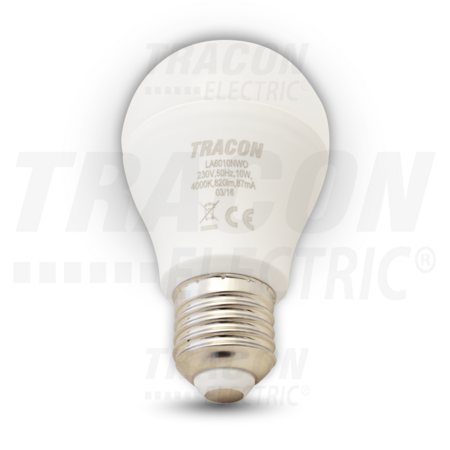 Tracon Sursa led, forma sferica, cu reglarea fluxului luminos lad6010w 230 v, 50 hz, 10 w, 2700 k, e27, 800 lm, 250°, a60, eei=a+