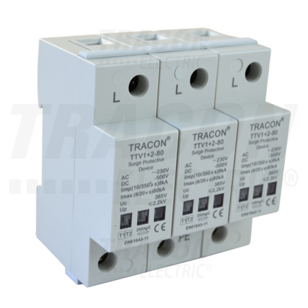 Descarcator de supratensiuni,ac/dc,clasa1+2,unitar cu soclul ttv1+2-80-3p 230/400 v, 50 hz, 8 ka (10/350 us) 40/80 ka (8/20 us), 3p