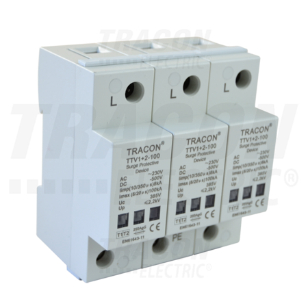 Descarcator de supratensiuni,AC/DC,clasa1+2,unitar cu soclul TTV1+2-100-3P 230/400 V, 50 Hz, 8 kA (10/350 us) 50/100 kA (8/20 us),3P