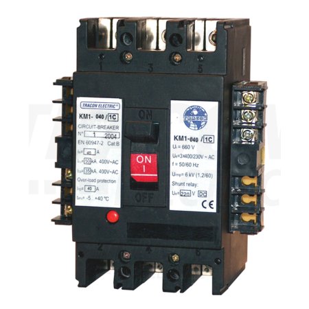 Intrerupator compact cu declansator 220 vc.c. km1-040/1c 3×230/400v, 50hz, 40a, 50ka, 1×co