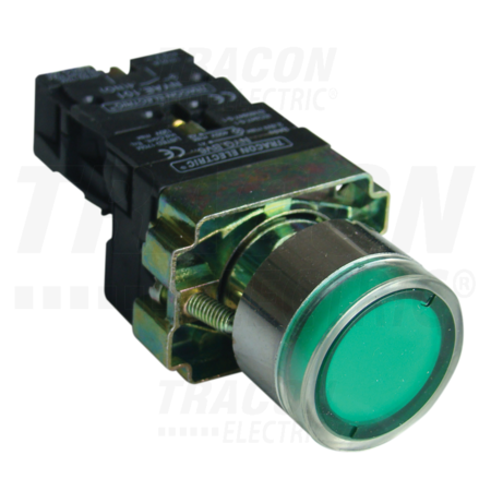 Buton verde, iluminat, bec glim NYGBW33Z 1×NO, 3A/400V AC, 230V, IP42