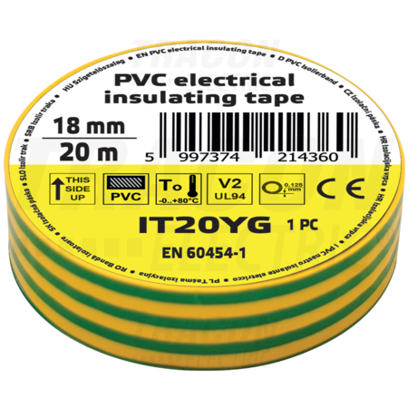 Banda izolatoare, verde-galben it20yg 20m×18mm, pvc, 0-80°c, 5.5kv/mm