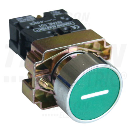 Buton verde inscriptionat ( I alb), in carcasa NYGBA3311ZT 1×NO, 3A/240V AC, IP44