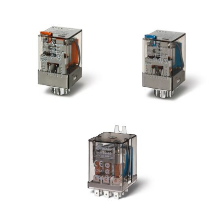 Releu de uz general - 3 contacte, 6 A, Contacte bifurcate, 60 V, Standard, C.C., AgNi + Au, Fișabil, Buton de test blocabil + indicator mecanic