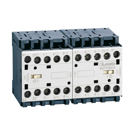 Ansamblu contactori pentru inversare de sens, AC bobina, BUILT-IN INTERLOCK ONLY WITH REAR PCB SOLDER PINS, 9A AC3 IN AC, 4KW. bobina tensiune 24VAC 50/60HZ