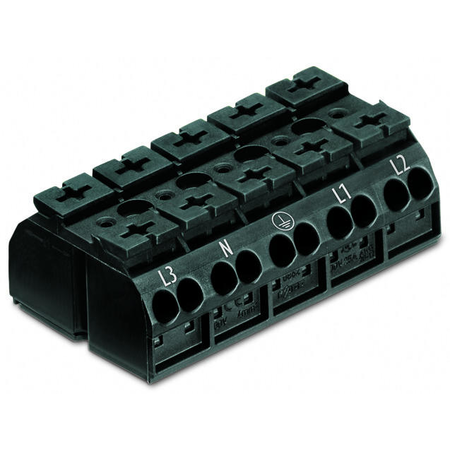 4-conductor chassis-mount terminal strip; 5-pole; l3-n-pe-l1-l2; with ground contact; 4 mm²; 4,00 mm²; black