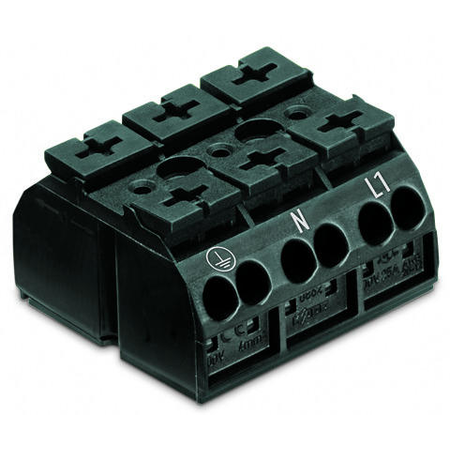 4-conductor chassis-mount terminal strip; 3-pole; PE-N-L1; with ground contact; 1 snap-in foot per pole; 4 mm²; 4,00 mm²; black