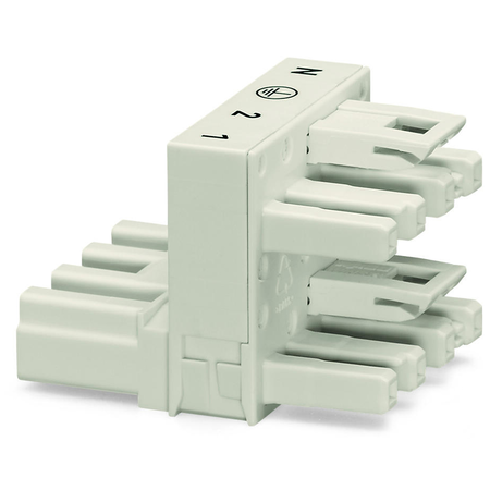 h-distribution connector; 4-pole; Cod. A; 1 input; 2 outputs; outputs on one side; 2 locking levers; white