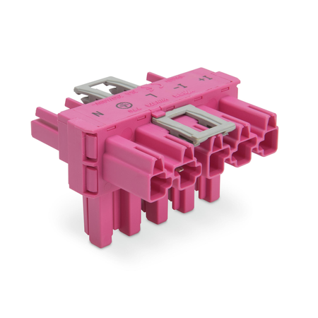 T-distribution connector; 5-pole; Cod. B; 1 input; 2 outputs; 3 locking levers; for flying leads; pink