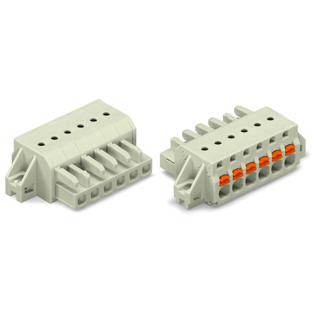 1-conductor female plug; 100% protected against mismating; push-button; clamping collar; 2.5 mm²; pin spacing 5 mm; 7-pole; 2,50 mm²; light gray