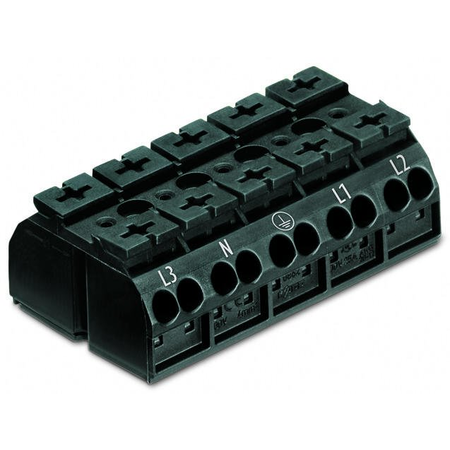 4-conductor chassis-mount terminal strip; 5-pole; L3-N-PE-L1-L2; with ground contact; for 3 mm ø screw and nut; 4 mm²; 4,00 mm²; black