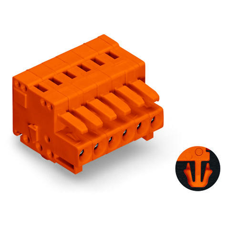 1-conductor female plug; 100% protected against mismating; snap-in mounting feet; 1.5 mm²; pin spacing 3.81 mm; 2-pole; 1,50 mm²; orange