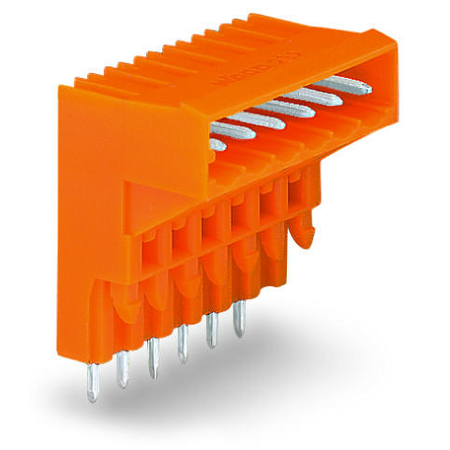 THT male header for double-deck assembly; 1.0 x 1.0 mm solder pin; angled; Pin spacing 5.08 mm; 10-pole; orange