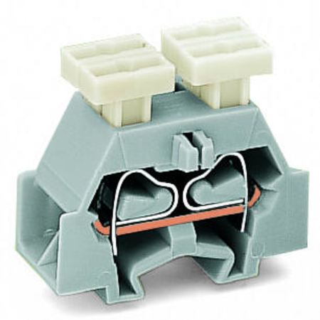 4-conductor terminal block; on both sides with push-button; with fixing flange; for screw or similar mounting types; Fixing hole 3.2 mm Ø; 2.5 mm²; CAGE CLAMP®; 2,50 mm²; light gray