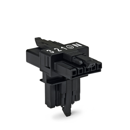 T-distribution connector; 5-pole; Cod. A; 1 input; 2 outputs; 3 locking levers; for flying leads; black