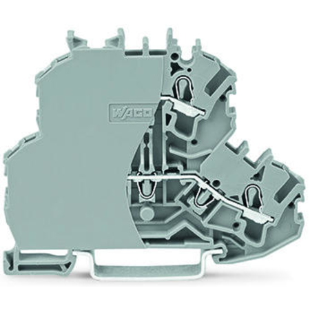 Double-deck terminal block; Through/through terminal block; with end plate; L/N; without marker carrier; Blue conductor entry upper deck; for DIN-rail 35 x 15 and 35 x 7.5; 2.5 mm²; Push-in CAGE CLAMP®; 2,50 mm²; gray