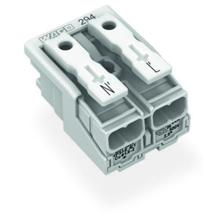 Lighting connector; push-button, external; without ground contact; N´-L´; 2-pole; Lighting side: for solid conductors; Inst. side: for all conductor types; max. 2.5 mm²; Surrounding air temperature: max 85°C (T85); 2,50 mm²; white