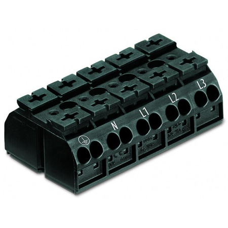 4-conductor chassis-mount terminal strip; 5-pole; pe-n-l1-l2-l3; with ground contact; for 3 mm ø screw and nut; 4 mm²; 4,00 mm²; black