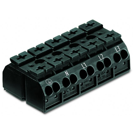 4-conductor chassis-mount terminal strip; 5-pole; PE-N-L1-L2-L3; with ground contact; for 3 mm ø screw and nut; 4 mm²; 4,00 mm²; black