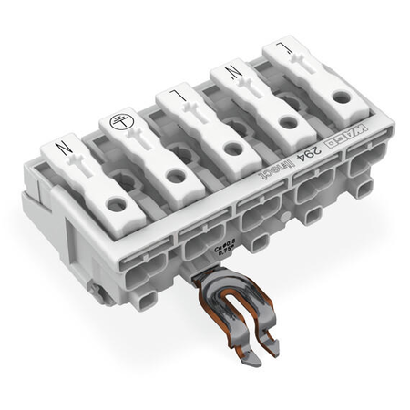 Lighting connector; push-button, external; for Linect®; with angled snap-in ground contact; L´-N´-L-PE-N; 5-pole; Cod. L; Lighting side: for solid conductors; Inst. side: for all conductor types; max. 2.5 mm²; Surrounding air temperature: max 85°C (T85);