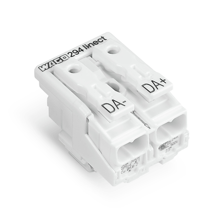 Lighting connector; push-button, external; for Linect®; without ground contact; 2-pole; Cod. I; Lighting side: for solid conductors; Inst. side: for all conductor types; max. 2.5 mm²; Surrounding air temperature: max 85°C (T85); 1,50 mm²; white