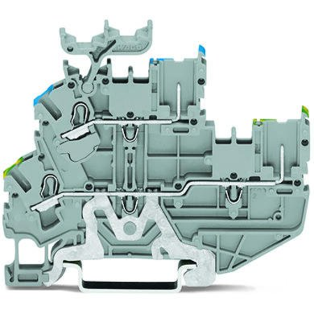 1-conductor/1-pin double deck receptacle terminal block; ground conductor/through terminal block; pe/n; without marker carrier; for din-rail 35 x 15 and 35 x 7.5; 2.5 mm²; push-in cage clamp®; 2,50 mm²; gray