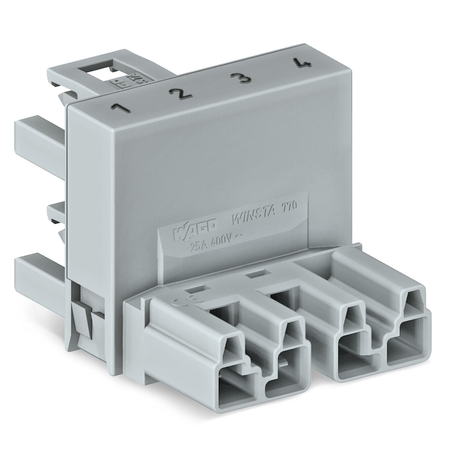 h-distribution connector; 4-pole; Cod. B; 1 input; 2 outputs; outputs on one side; 2 locking levers; light green