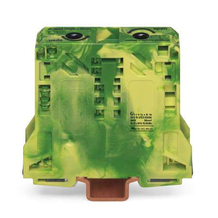 2-conductor ground terminal block; 50 mm²; suitable for ex e ii applications; lateral marker slots; only for din 35 x 15 rail; 2.3 mm thick; copper; power cage clamp; 50,00 mm²; green-yellow