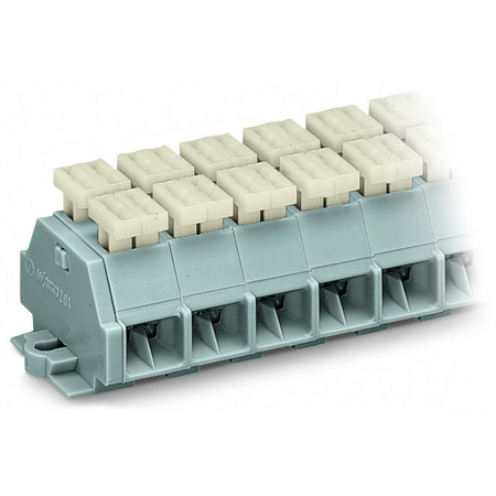 4-conductor terminal strip; 5-pole; on both sides with push-buttons; with snap-in mounting feet; for plate thickness 0.6 - 1.2 mm; Fixing hole 3.5 mm Ø; 2.5 mm²; CAGE CLAMP®; 2,50 mm²; gray