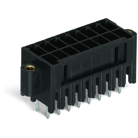 THR male header, 2-row; 0.8 x 0.8 mm solder pin; straight; 100% protected against mismating; Threaded flange; Pin spacing 3.5 mm; 2 x 14-pole; black