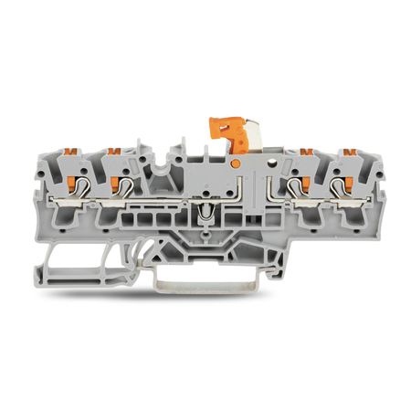 4-conductor disconnect/test terminal block; with push-button; with test option; orange disconnect link; for DIN-rail 35 x 15 and 35 x 7.5; 2.5 mm²; Push-in CAGE CLAMP®; 2,50 mm²; gray