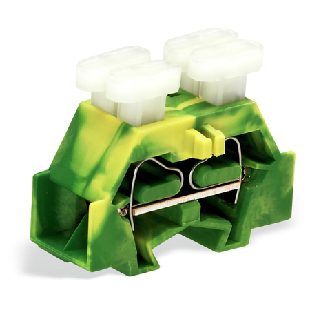 4-conductor terminal block; on both sides with push-buttons; with snap-in mounting foot; for plate thickness 0.6 - 1.2 mm; Fixing hole 3.5 mm Ø; 2.5 mm²; CAGE CLAMP®; 2,50 mm²; green-yellow