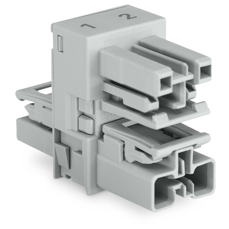 h-distribution connector; 2-pole; Cod. B; 1 input; 2 outputs; outputs on both sides; 3 locking levers; for flying leads; gray