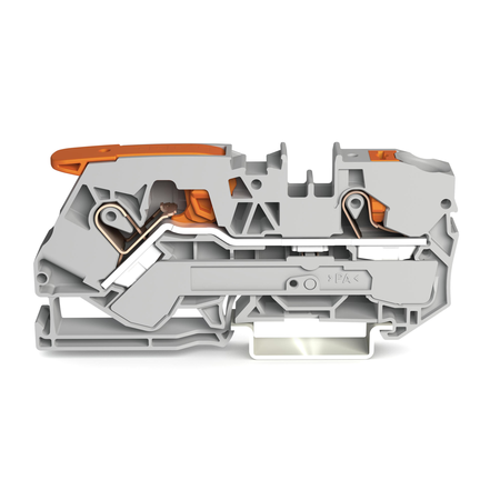 2-conductor through terminal block; with lever and push-button; 10 mm²; with test port; side and center marking; for DIN-rail 35 x 15 and 35 x 7.5; Push-in CAGE CLAMP®; 10,00 mm²; gray