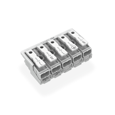 Lighting connector; push-button, external; without ground contact; L´-N´-L-PE-N; 5-pole; Lighting side: for solid conductors; Inst. side: for all conductor types; max. 2.5 mm²; Surrounding air temperature: max 85°C (T85); 2,50 mm²; white