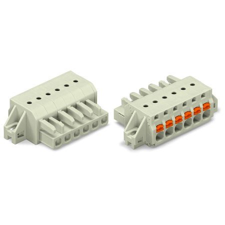 1-conductor female plug; 100% protected against mismating; push-button; clamping collar; 2.5 mm²; Pin spacing 5 mm; 9-pole; 2,50 mm²; light gray