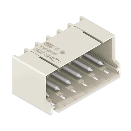 THR male header; 1.4 mm Ø solder pin; angled; Pin spacing 5 mm; 5-pole; light gray