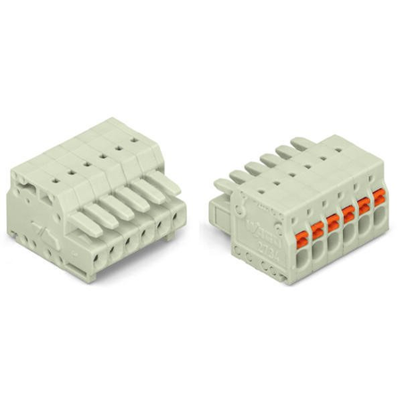 1-conductor female plug; 100% protected against mismating; push-button; Strain relief plate; 1.5 mm²; Pin spacing 3.5 mm; 6-pole; 1,50 mm²; light gray
