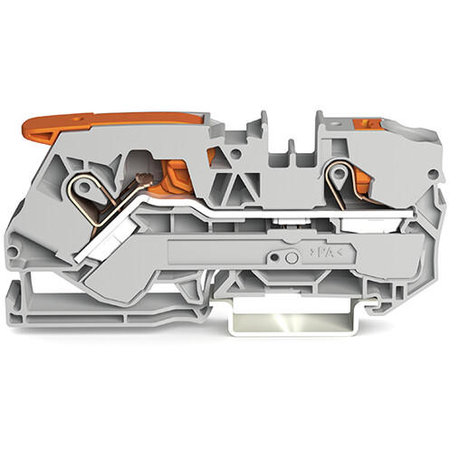 2-conductor through terminal block; with lever and push-button; 10 mm²; with test port; suitable for Ex i applications; side and center marking; for DIN-rail 35 x 15 and 35 x 7.5; Push-in CAGE CLAMP®; 10,00 mm²; blue