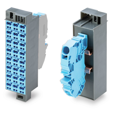 Common potential matrix patchboard; Marking 1-24; with 1 input module incl. end plate; Color of modules: blue; Numbering of modules arranged vertically; for 19 racks; Slimline version; 2,50 mm²; gentian blue