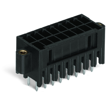 THR male header, 2-row; 0.8 x 0.8 mm solder pin; straight; 100% protected against mismating; Threaded flange; Pin spacing 3.5 mm; 2 x 8-pole; black