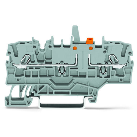 2-conductor disconnect/test terminal block; with mechanical interlock; with additional jumper position; orange disconnect link; for DIN-rail 35 x 15 and 35 x 7.5; 2.5 mm²; Push-in CAGE CLAMP®; 2,50 mm²; blue