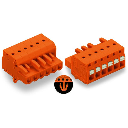 1-conductor female plug; push-button; Snap-in mounting feet; 2.5 mm²; Pin spacing 5.08 mm; 6-pole; 2,50 mm²; orange