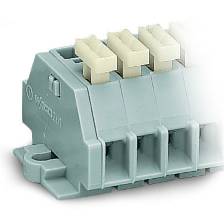 2-conductor terminal strip; 3-pole; on one side with push-buttons; with fixing flanges; for screw or similar mounting types; Fixing hole 3.2 mm Ø; 2.5 mm²; CAGE CLAMP®; 2,50 mm²; gray