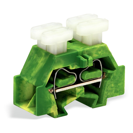 Space-saving, 4-conductor end terminal block; on both sides with push-buttons; without protruding snap-in mounting foot; for terminal strips with snap-in mounting feet; 2.5 mm²; CAGE CLAMP®; 2,50 mm²; green-yellow