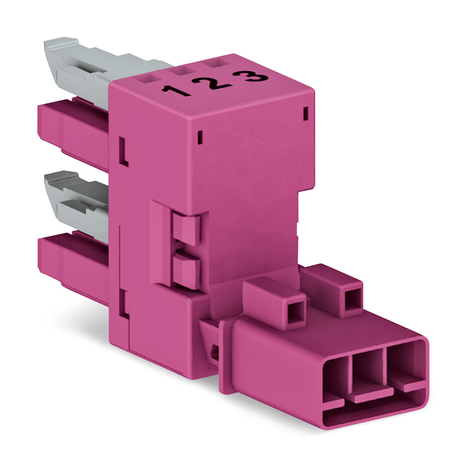 h-distribution connector; 3-pole; Cod. B; 1 input; 2 outputs; outputs on one side; 2 locking levers; pink