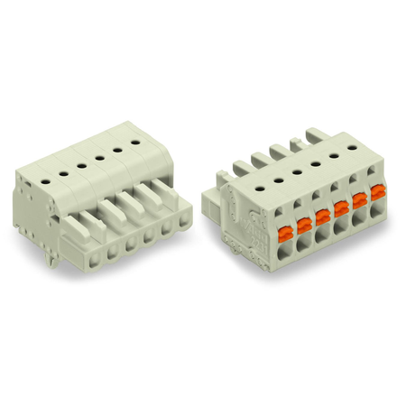 1-conductor female plug; 100% protected against mismating; push-button; Snap-in mounting feet; 2.5 mm²; Pin spacing 5 mm; 3-pole; 2,50 mm²; light gray